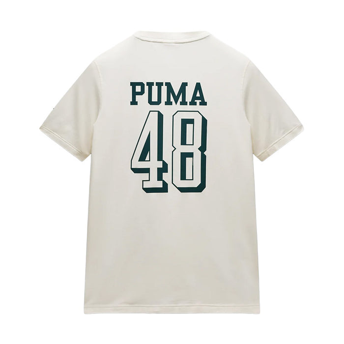 The back of an off-white short-sleeve t-shirt featuring 'PUMA' and the number '48' printed in dark green with a white outline.