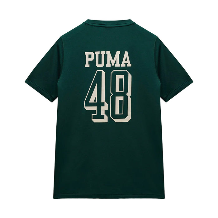 Puma reigning champ golf tee shirt in green terrain viewed from the back