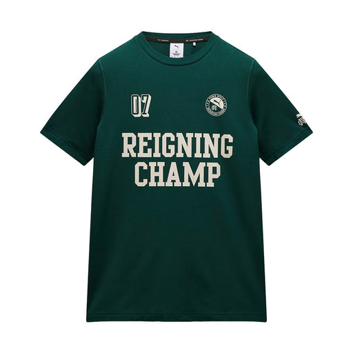 Puma reigning champ golf tee shirt in green terrain viewed from the front