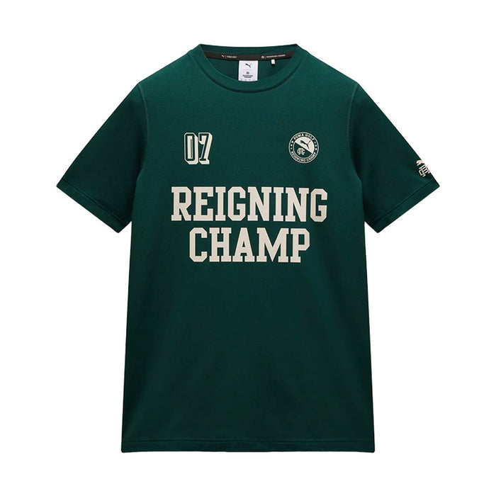 Puma reigning champ golf tee shirt in green terrain viewed from the front