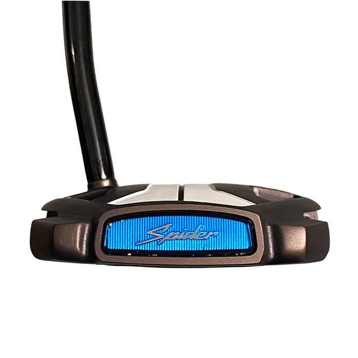 A close-up of a golf putter head with a black and dark bronze body, a bright blue textured front insert featuring the 'Spider' logo in silver, and a black shaft extending upward against a white background.