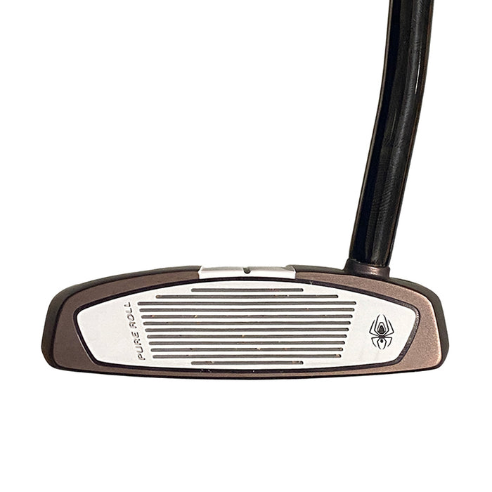 A close-up studio shot of a putter head and part of its black shaft against a plain white background. The putter face is metallic bronze with a silver center section featuring horizontal grooves and the text 'PURE ROLL' alongside a spider logo.