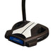 A close-up studio shot of a putter head on a golf club shaft, featuring a dark brown and silver metal head with a blue 'Spider' logo plate on the front, set against a plain white background.