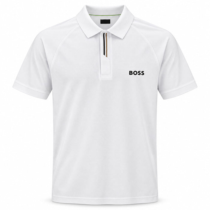 A white short-sleeve polo shirt with a three-button placket featuring gold and brown stripes, and the black BOSS logo printed on the left chest.