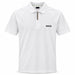 A white short-sleeve polo shirt with a three-button placket featuring gold and brown stripes, and the black BOSS logo printed on the left chest.
