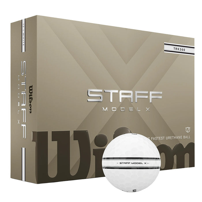 Wilson Staff Model X golf ball and its metallic taupe packaging box, featuring the Wilson and STAFF Model X branding.