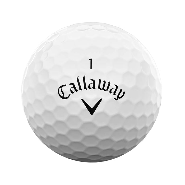 A white Callaway golf ball with black printed branding and the number 1, shown against a plain white background.