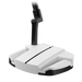 A white and black golf putter head with a black shaft, shown against a solid white background.
