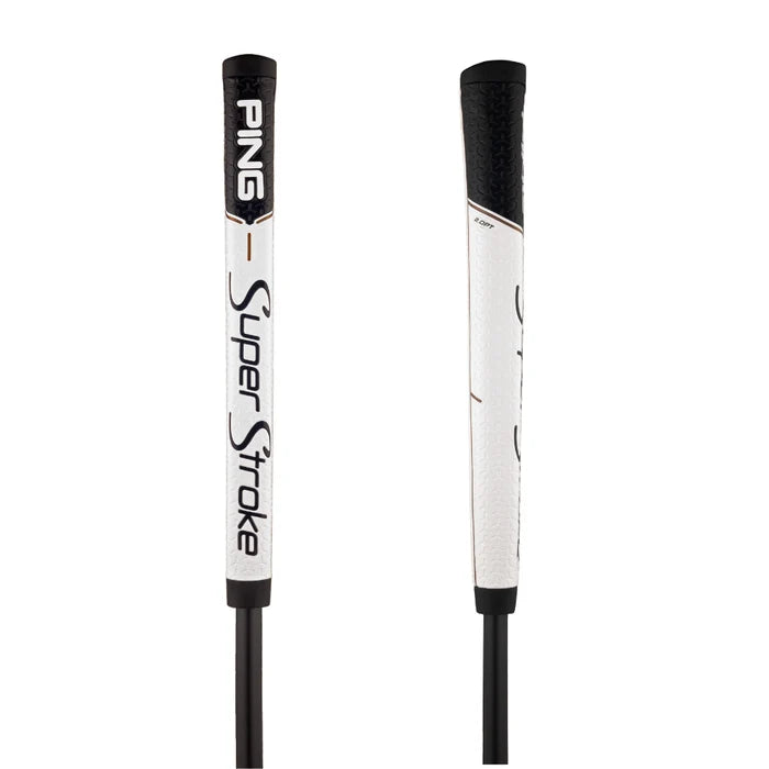 Two views of a PING Super Stroke golf putter grip on a solid white background, showing the front face and side profile.