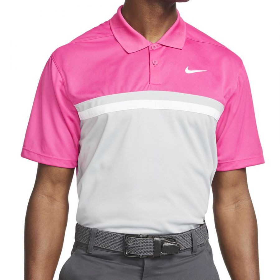 Nike Dri Fit Victory Colourblock Golf Polo Shirt Pink Grey White Andrew Morris Golf
